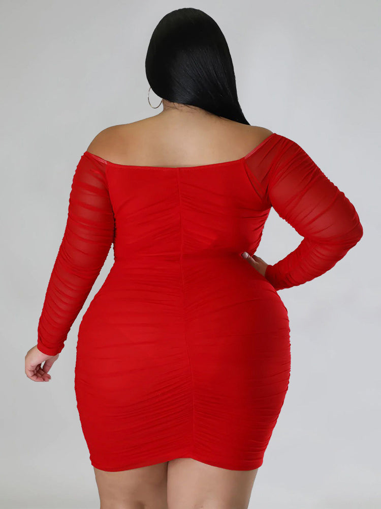 Mesh Patchwork Ruched Plus Size Mini Dress