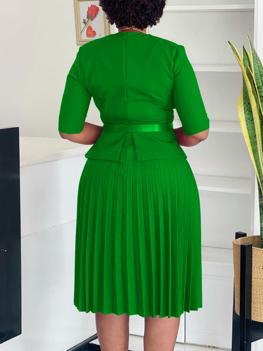 Belted Blazer Pleated Midi Dress