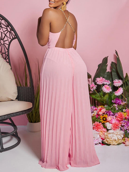 Chain Halter Backless Pleated Jumpsuit