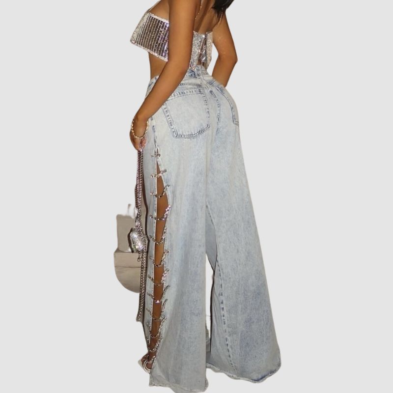 Chain Embellished Hollow-out Jeans