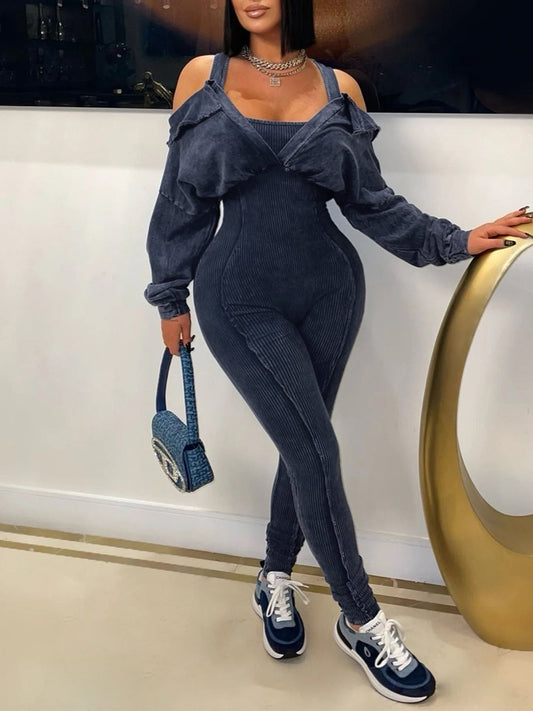 Off Shoulder Long Sleeve Ribbed Jumpsuit