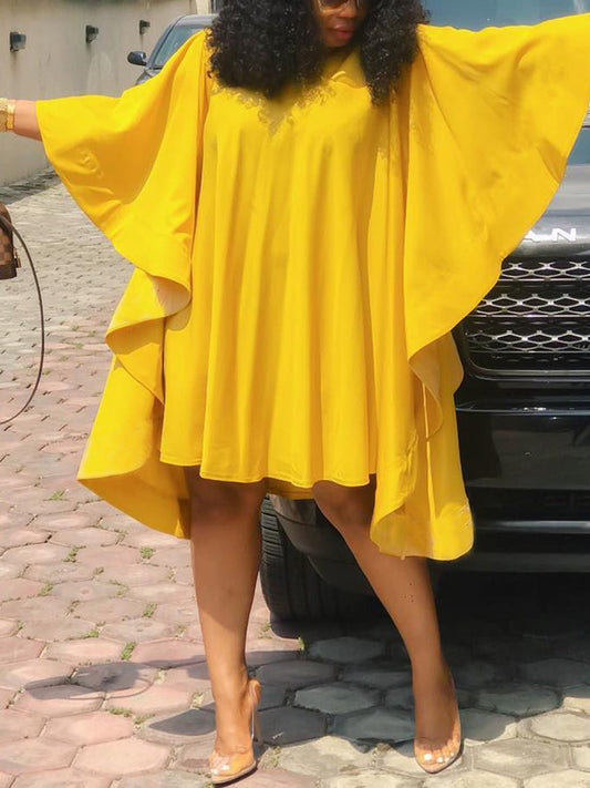 Plus Size Batwing Sleeve Ruffle Midi Dress