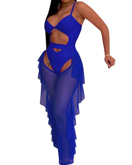 Two Piece Sling Crop Top Ruffle Long Pant