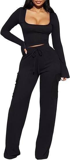 Two Piece Ribbed Bell Sleeve Top & Pant Set