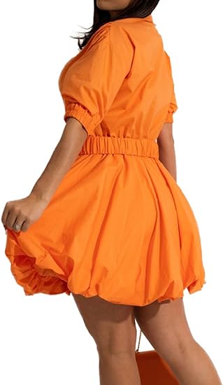 V Neck Button Down Split Puff Sleeve Dress