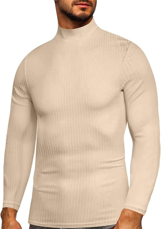 Mens Ribbed Solid Color Long Sleeve Tops