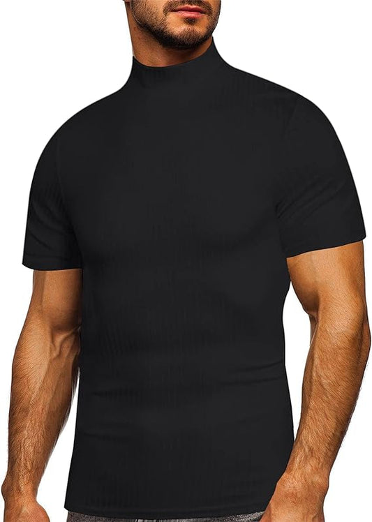 Mens Ribbed Solid Color Short Sleeve Tops