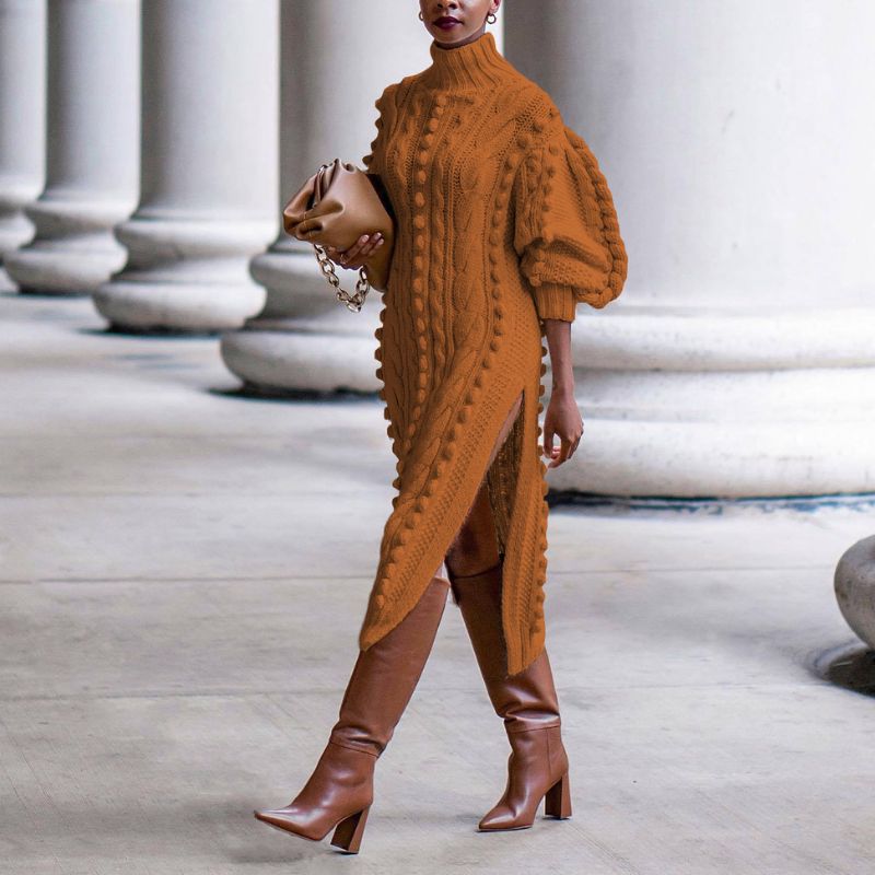 Vestidos midi de punto con abertura y cuello alto