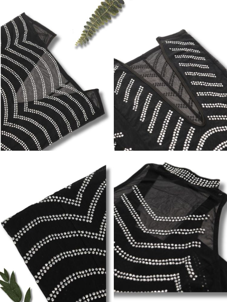 Vestidos largos sin mangas con cuello simulado y espalda descubierta con diamantes de imitación