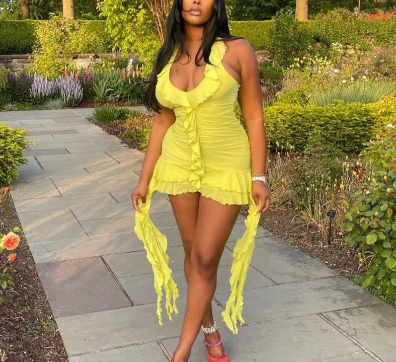 Sleeveless Backless Tassel Ruched Ruffle Mini Dress