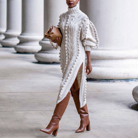 Vestidos midi de punto con abertura y cuello alto