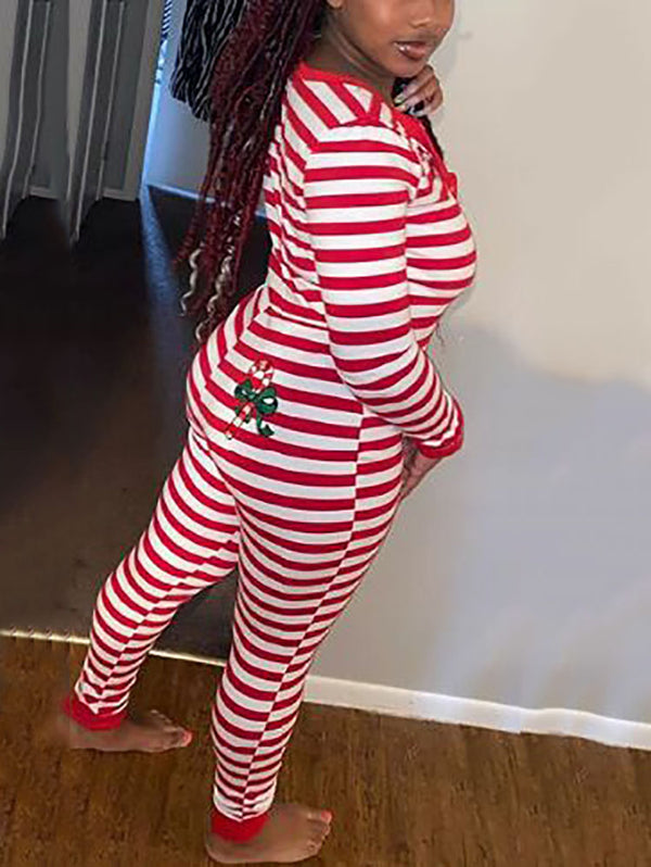 Christmas Striped Print Long Sleeve Jumpsuits