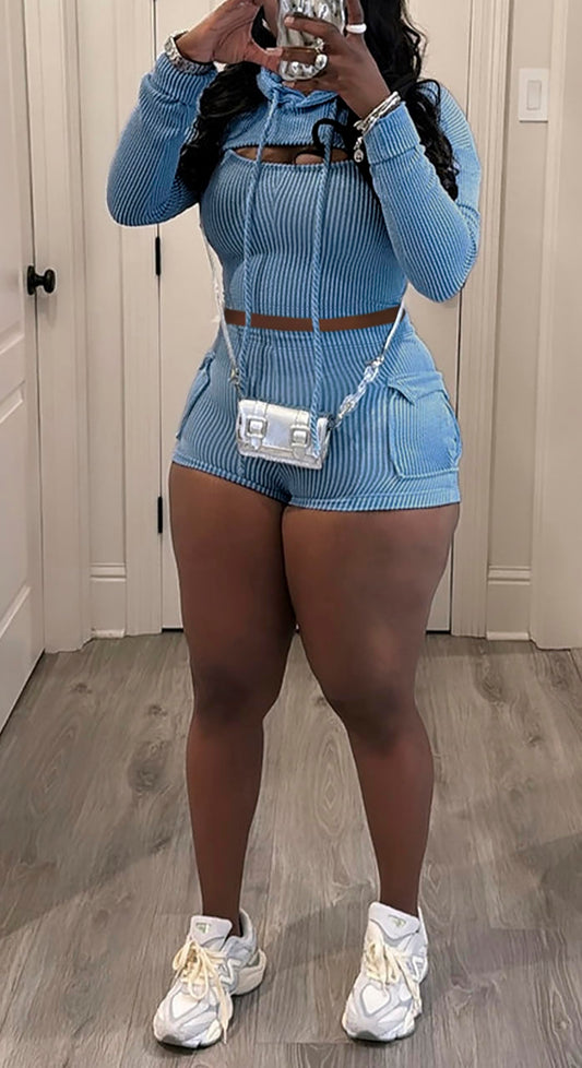 Three Piece Ribbed Hoodies Shorts Set