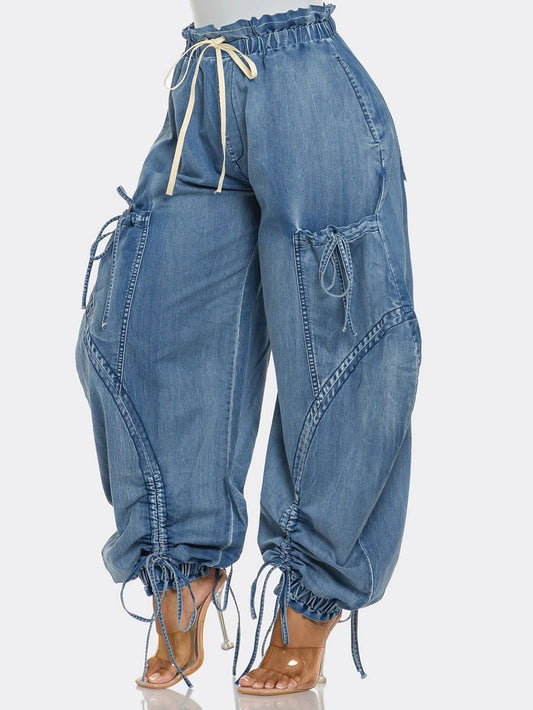 Bow Tie Elastic Waist Loose Jeans