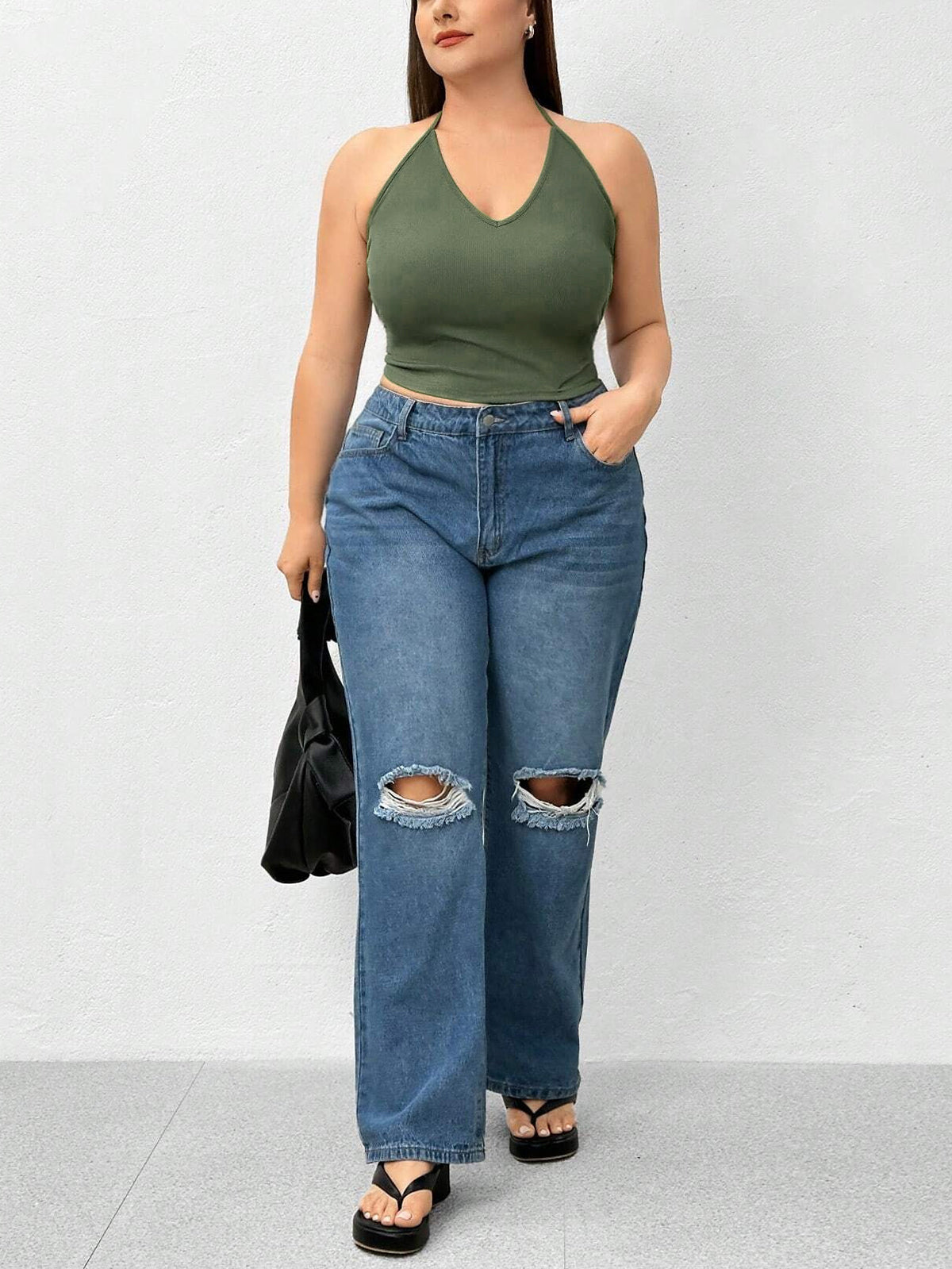 Top sin mangas de punto de color liso con cuello halter