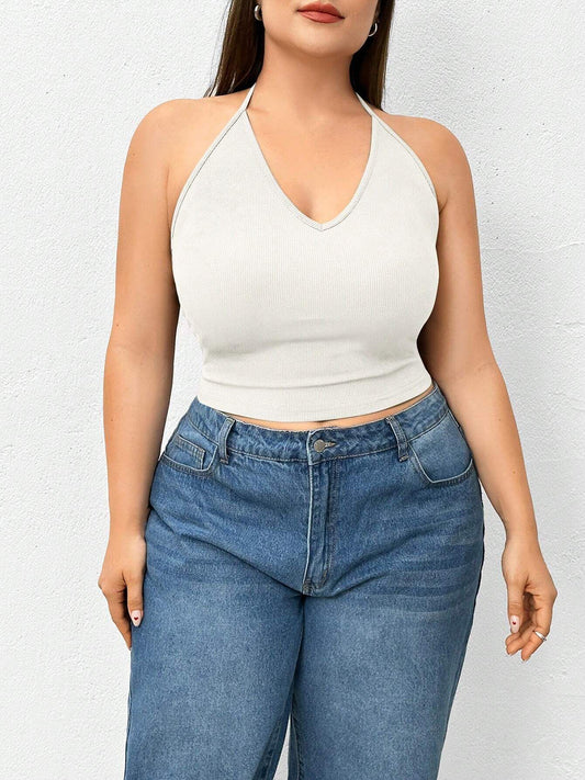 Top sin mangas de punto de color liso con cuello halter