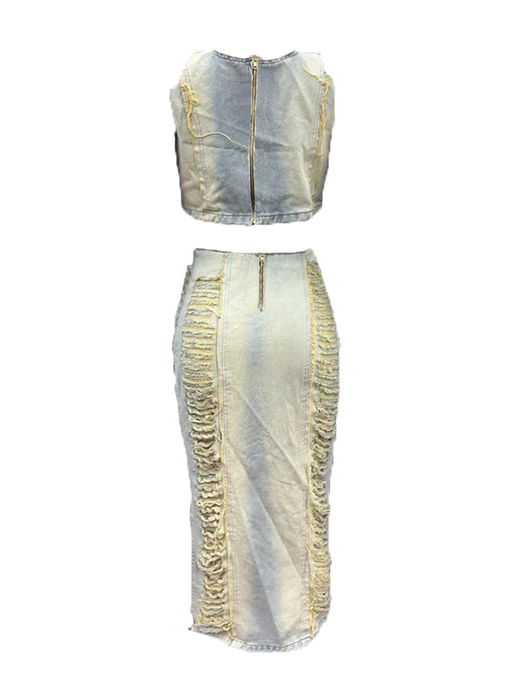 Top sin mangas de mezclilla desgastada de dos piezas y falda dividida