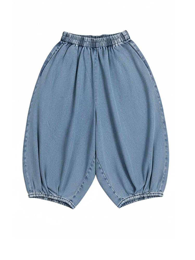 Elastic Waist Wide Leg Cropped Denim Jeans