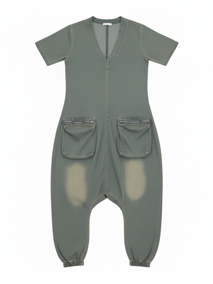 Pockets Bagged Denim Jumpsuit