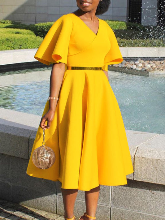 Solid Color Bell Sleeve V-Neck Flared Dress