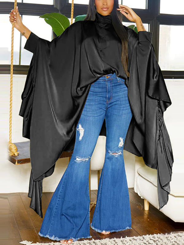 Irregular Loose Batwing Sleeve Silky Button-Up Blouse