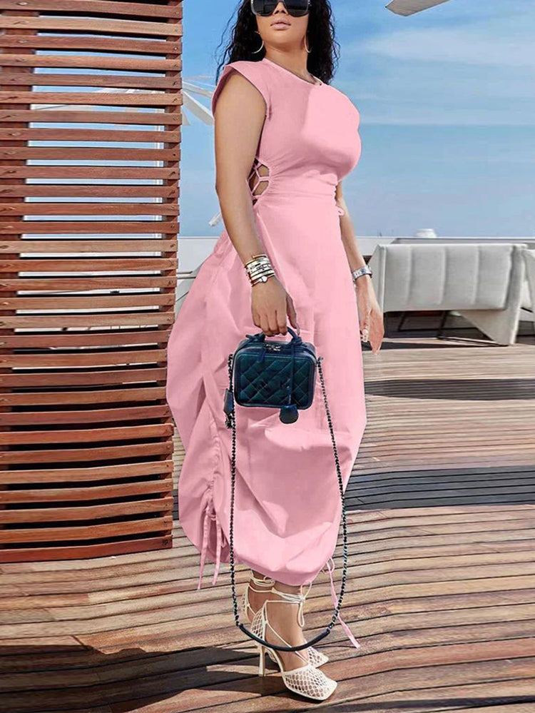 Vestidos de cintura con cordón y manga abullonada de color liso
