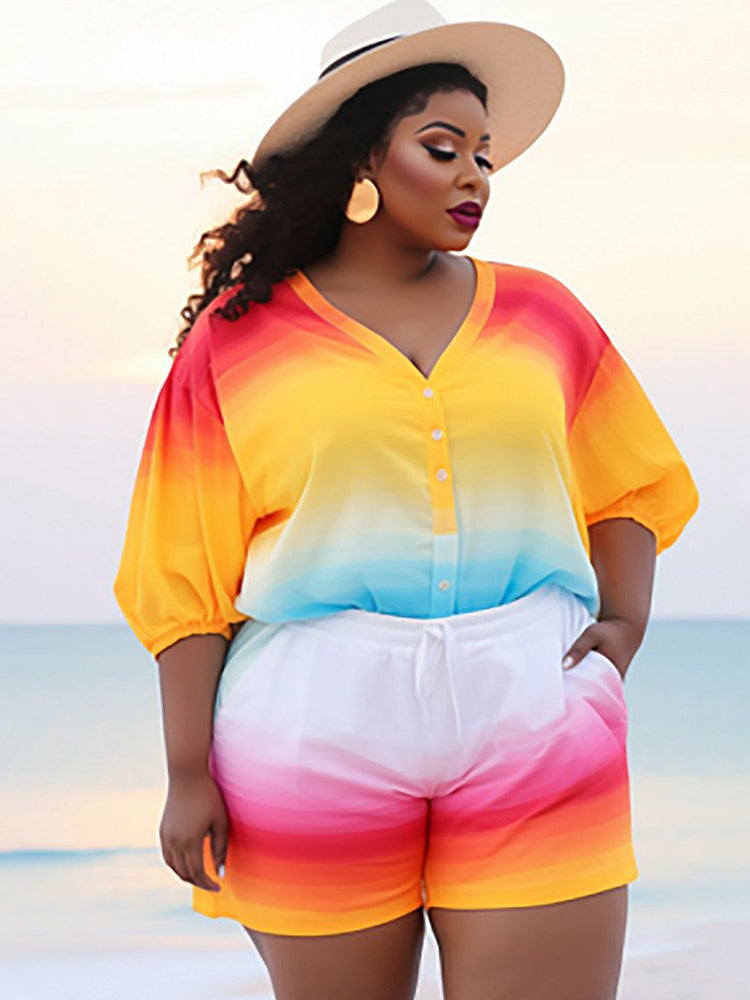 Plus Size Rainbow Gradient Color Shorts Set