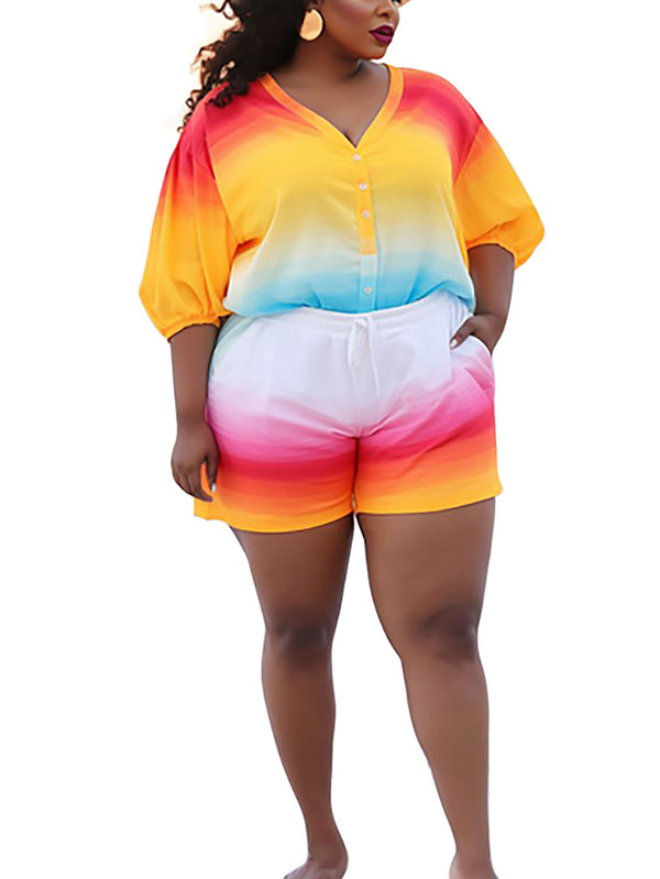 Plus Size Rainbow Gradient Color Shorts Set
