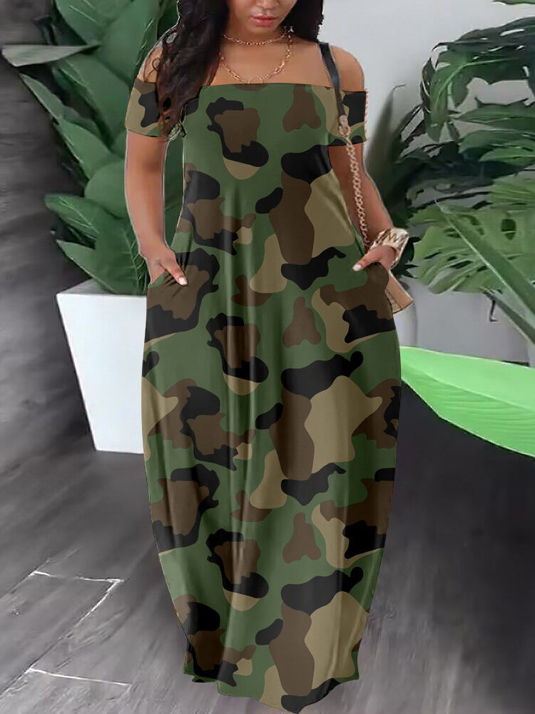 Vestido casual con hombros descubiertos y estampado de manga corta