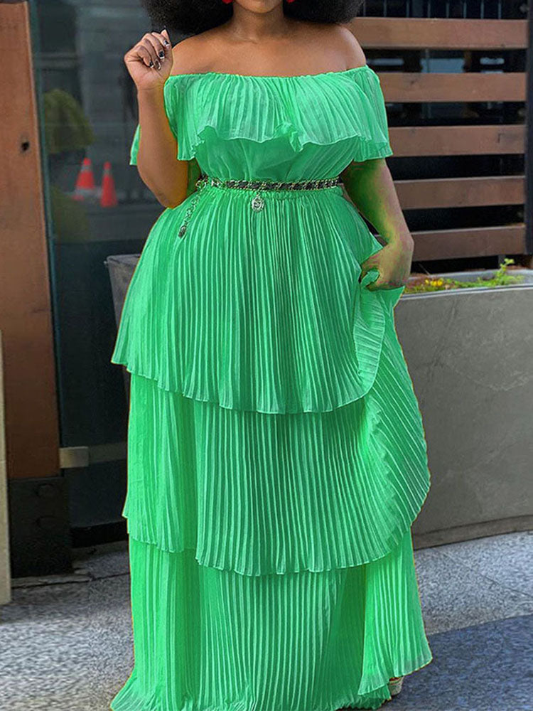 Vestidos largos plisados en capas con hombros descubiertos y tallas grandes
