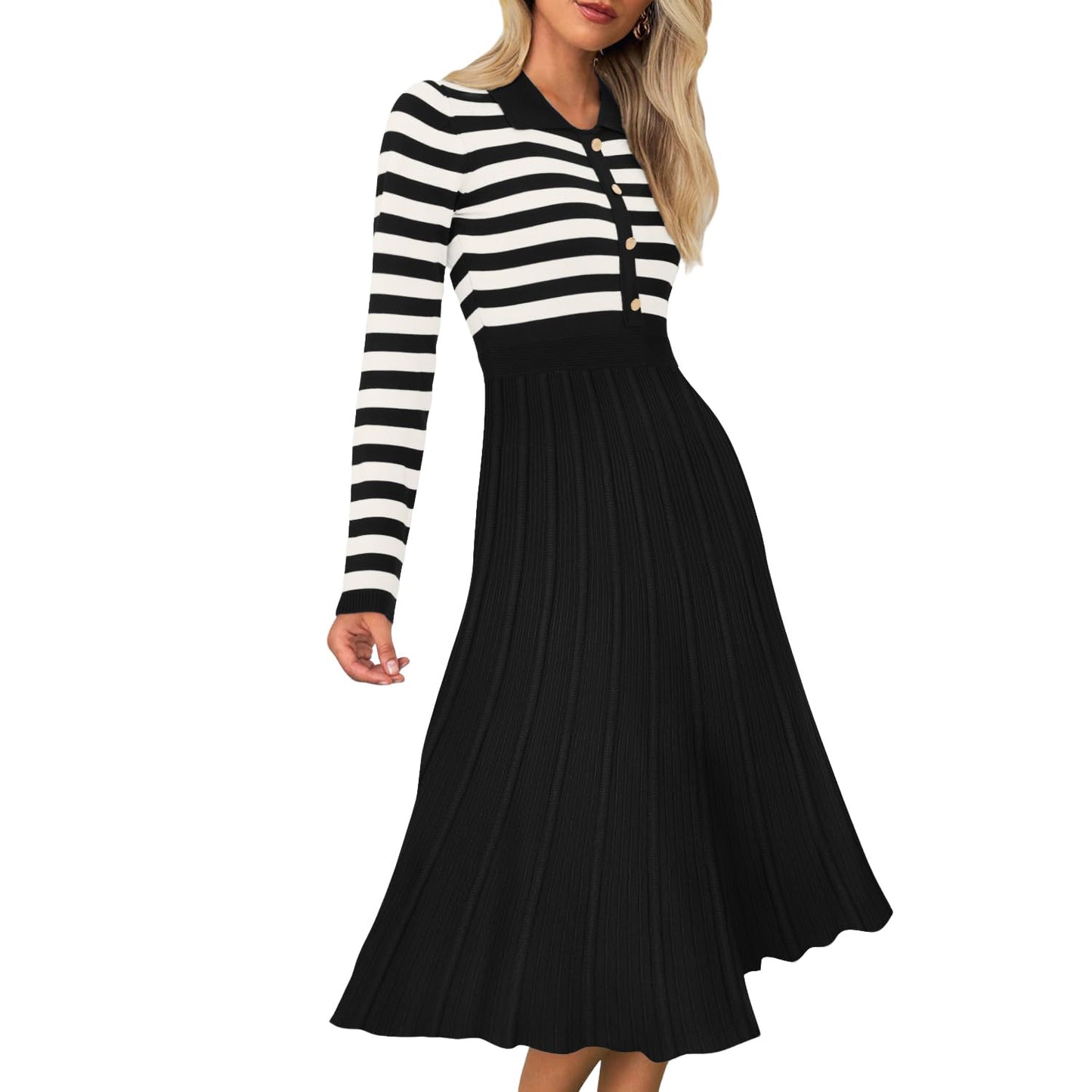 Striped Long Sleeve Button Ribbed Knit Dresses