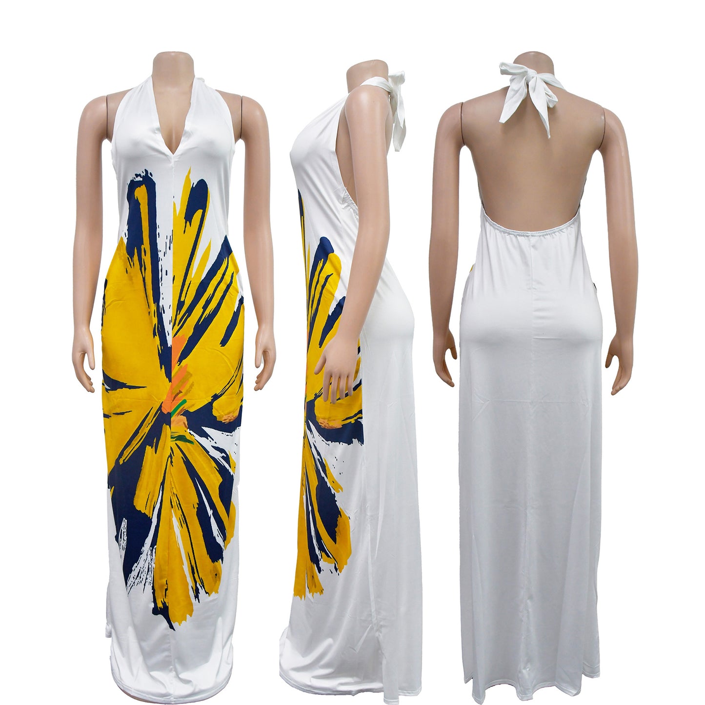 Vestido largo con estampado floral sin espalda y cuello halter