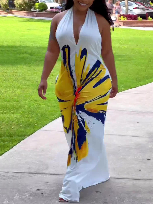 Halter Neck Backless Floral Print Maxi Dress