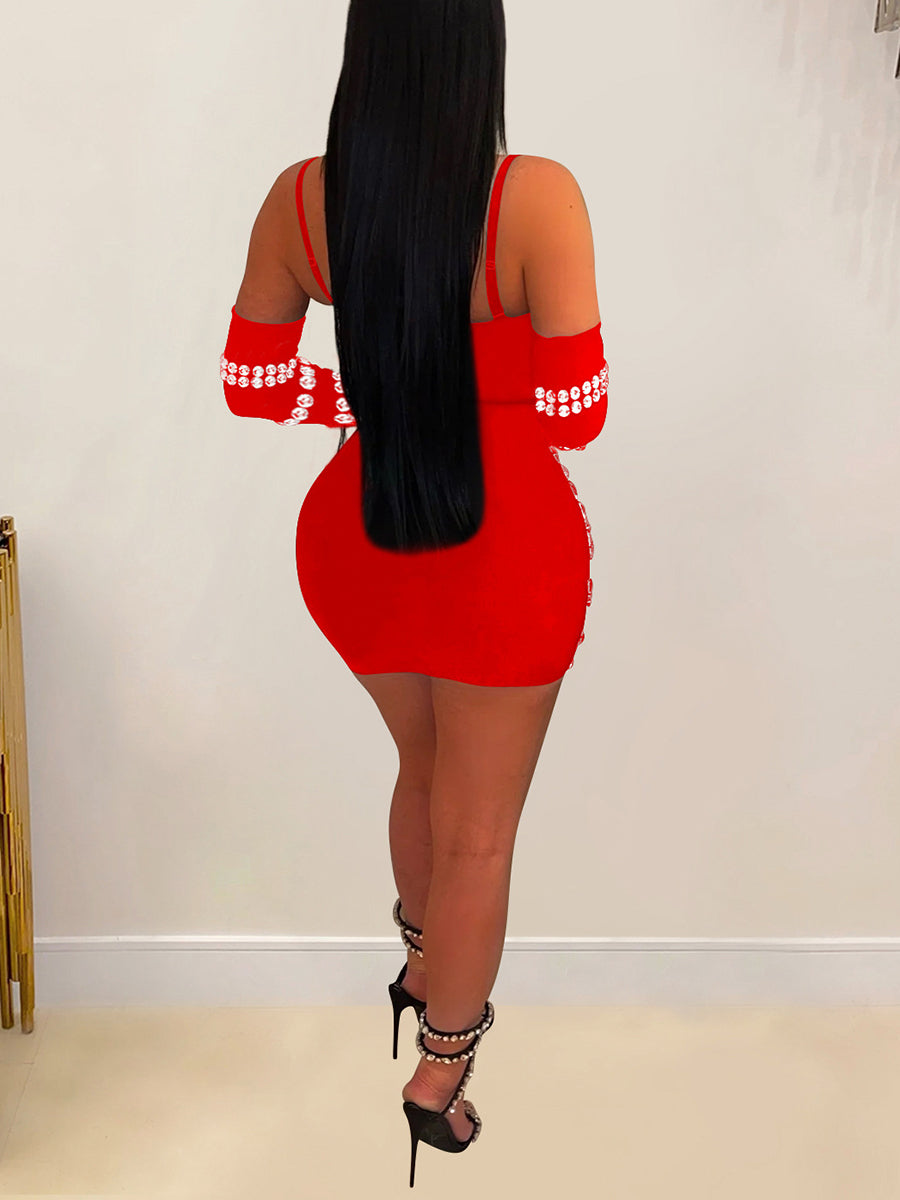 Rhinestone Spaghetti Strap Dress with Gloves