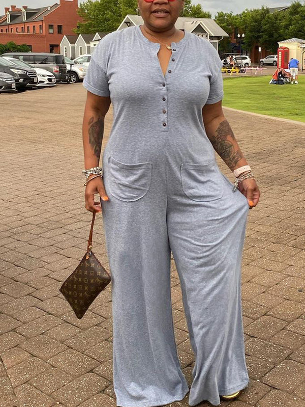 Plus Size Casual Solid Color Jumpsuit with Pockets