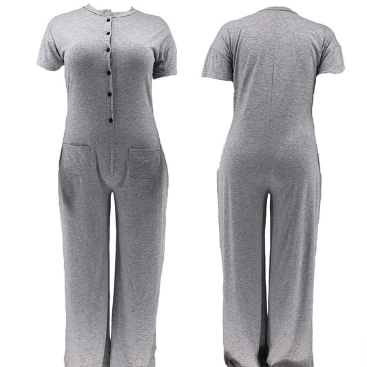 Plus Size Casual Solid Color Jumpsuit with Pockets