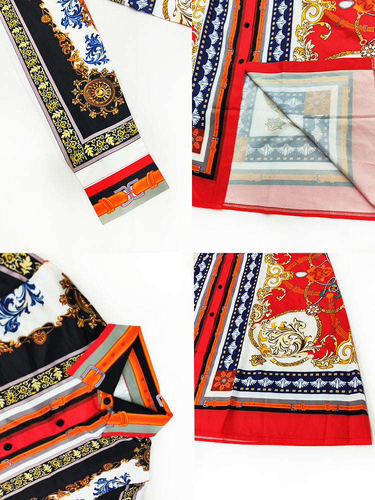 Long Sleeves Totem Pattern Belted Midi Dress