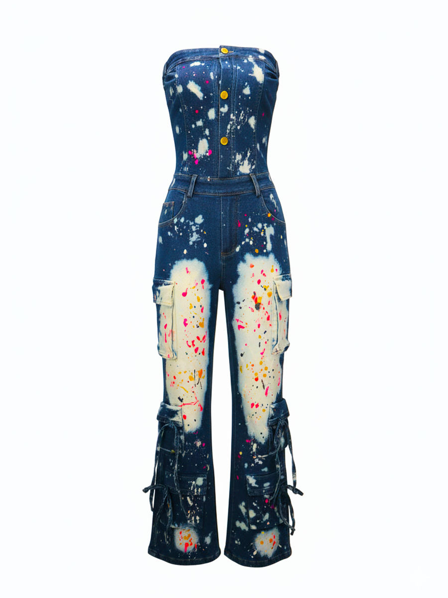 Strapless Color Paint Cargo Denim Jumpsuit
