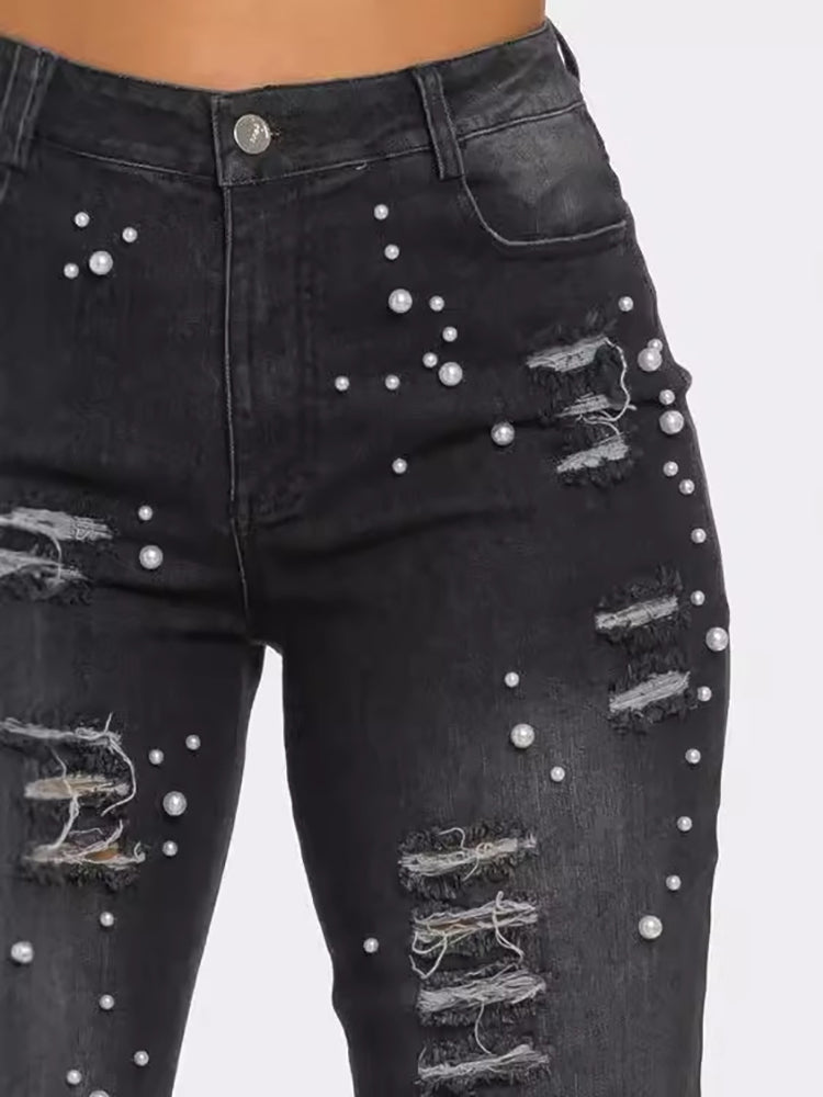 Feather Beaded Distressed Flare Jeans