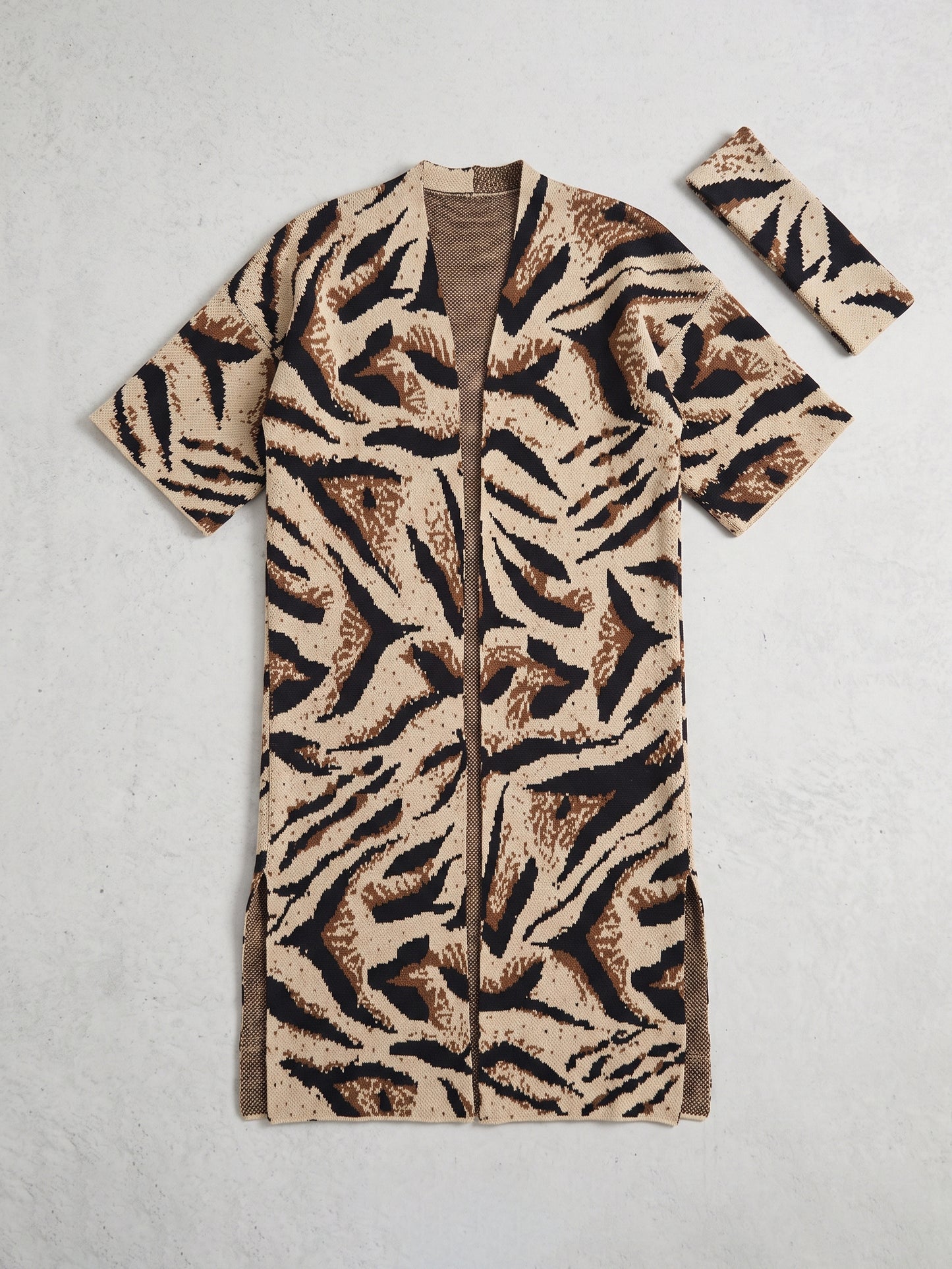 Leopard Knit Long Cardigan With Headscarf