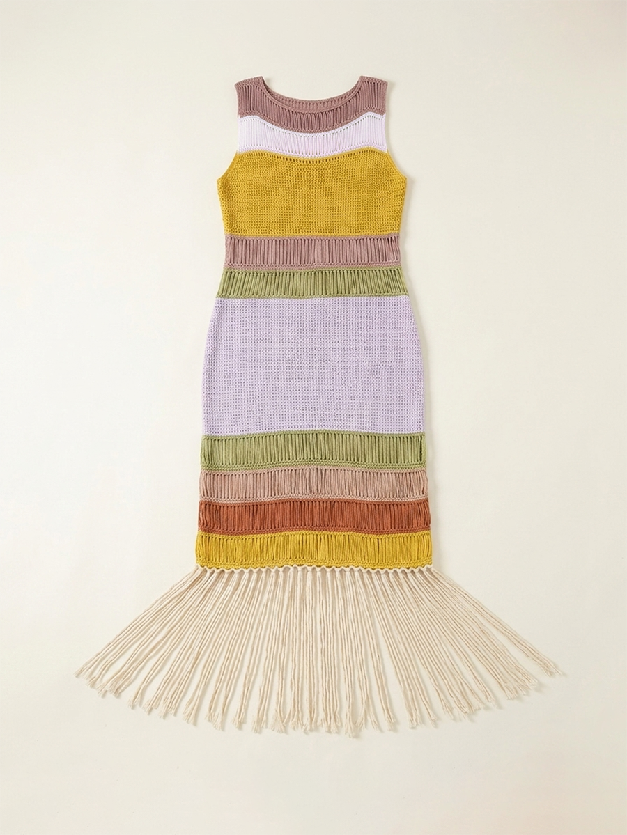 Colorblock Knit Fringe Beach Dress
