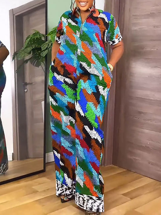 Print Zipper Wide Leg Jumpsuit