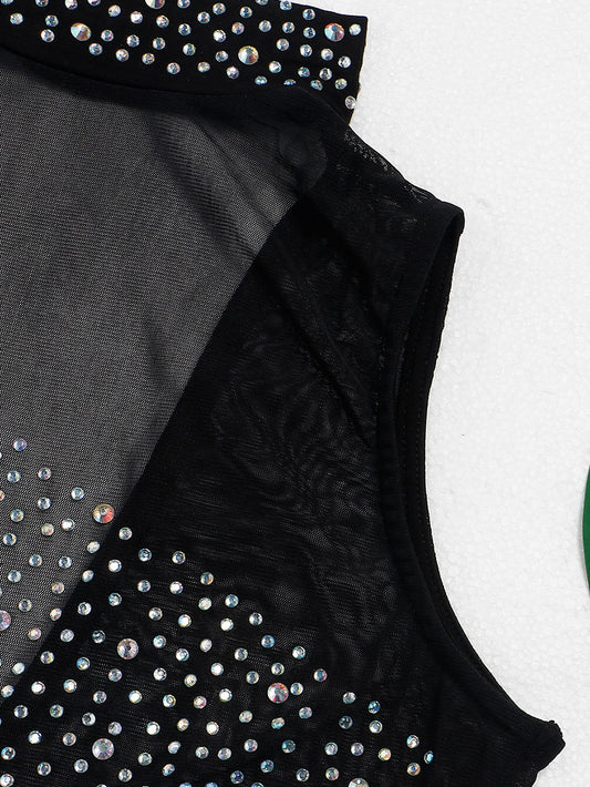 Monos cortos con cremallera y patchwork de malla de diamantes de imitación暂时缺货