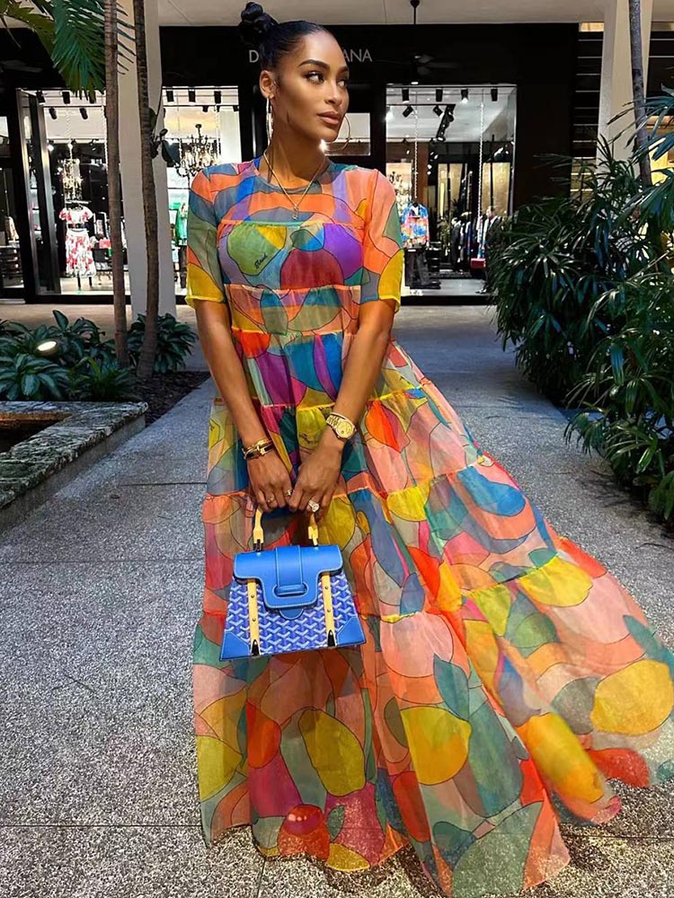 Mesh Short Sleeve Print Flowy Maxi Dresses | Beachwear