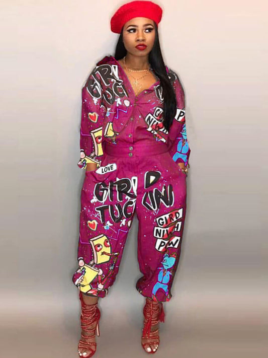 Long Sleeve Graffitti Button Bodycon Jumpsuit