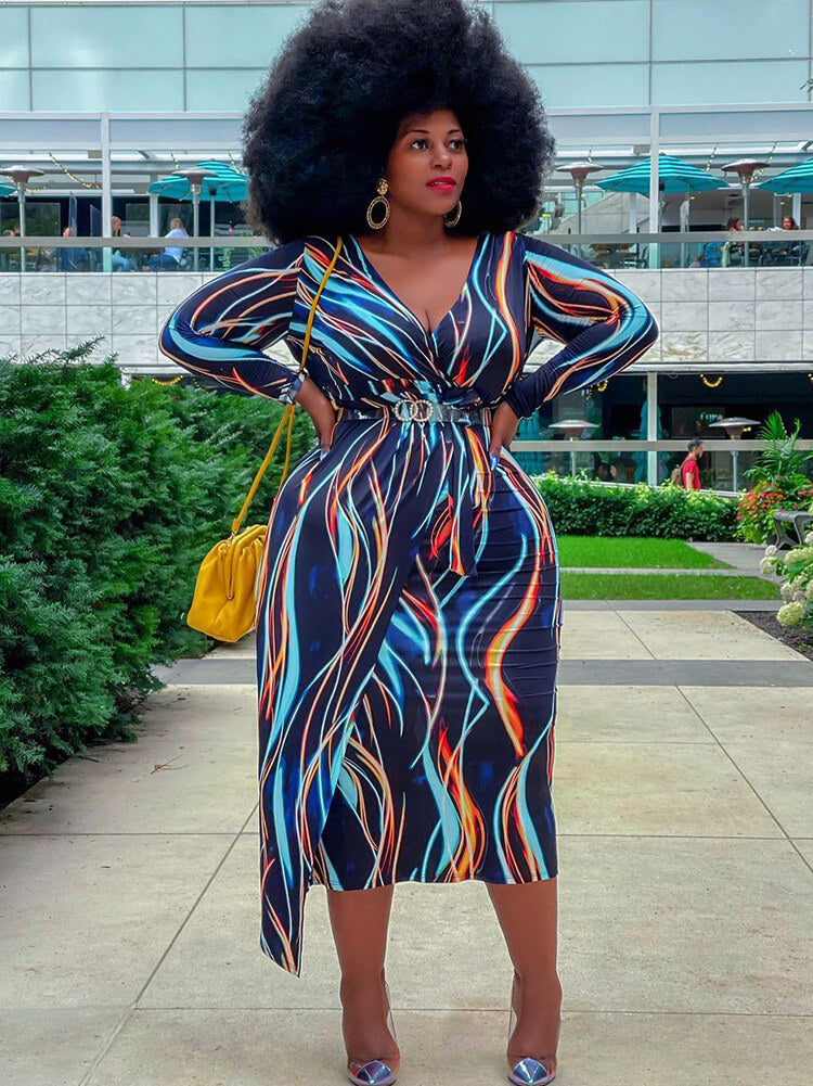 Plus Size Long Sleeve V Neck Striped Bodycon Midi Dresses