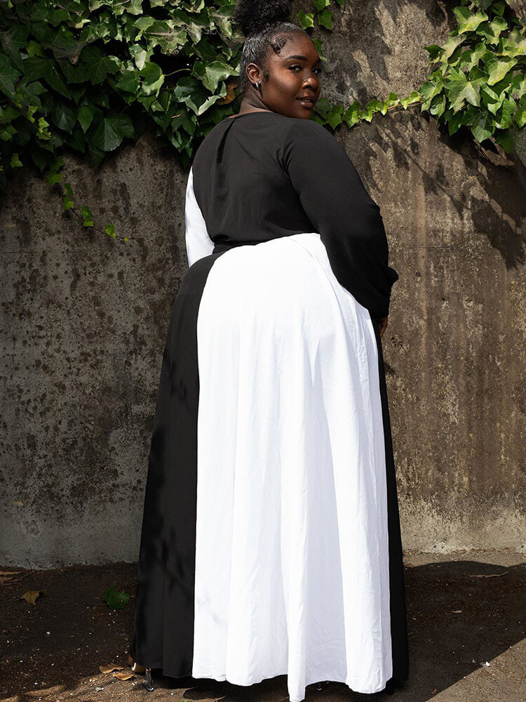 Vestidos largos de patchwork con cuello en V y manga larga