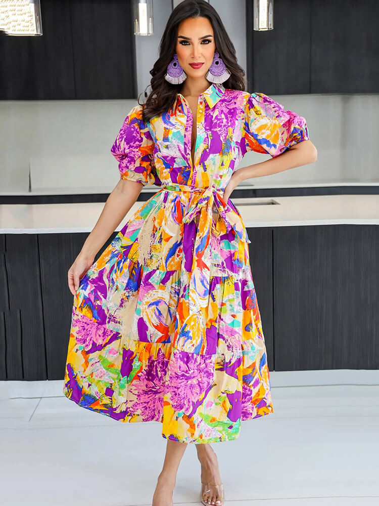 Short Lantern Sleeve Floral Print Lace Up Bodycon Midi Dress
