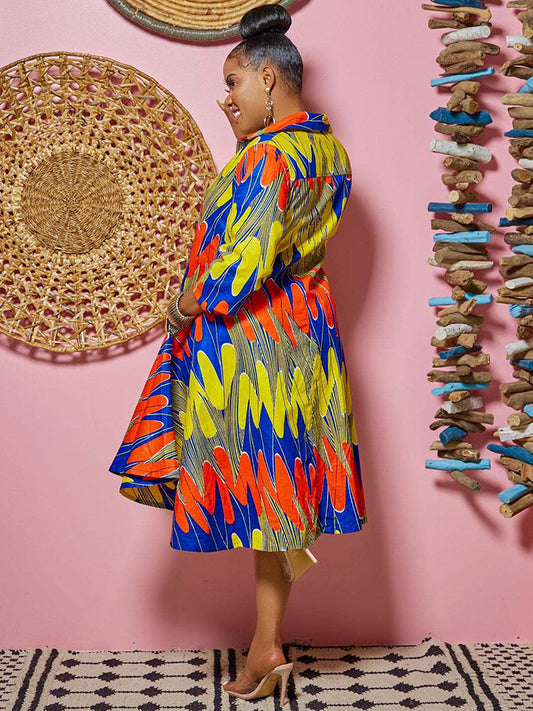 Manga larga Figura Estampado Midi Vestidos camiseros