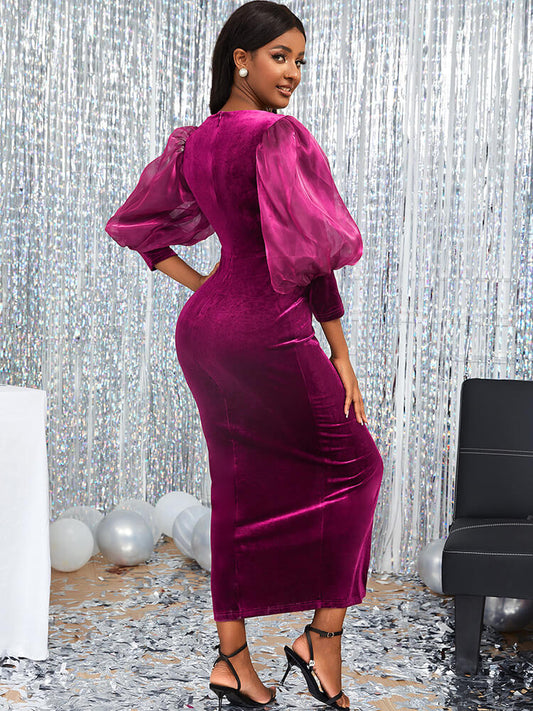 Lantern Sleeve Mesh Patchwork Split Midi Dress